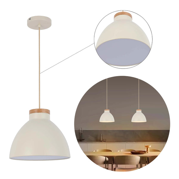 Dome Pendant Light with Wooden Accent - E27 Fitting, 40W Max, IP20