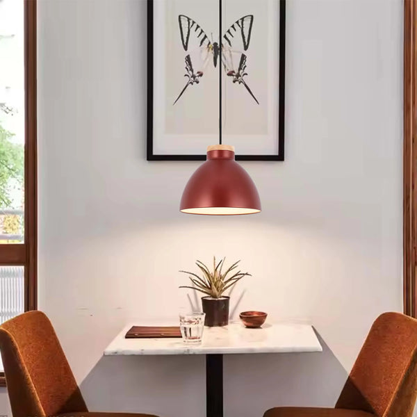 Dome Pendant Light with Wooden Accent - E27 Fitting, 40W Max, IP20
