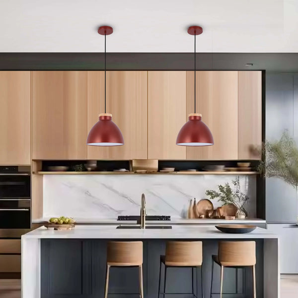 Dome Pendant Light with Wooden Accent - E27 Fitting, 40W Max, IP20
