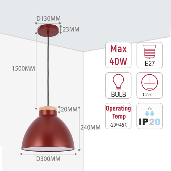 Dome Pendant Light with Wooden Accent - E27 Fitting, 40W Max, IP20