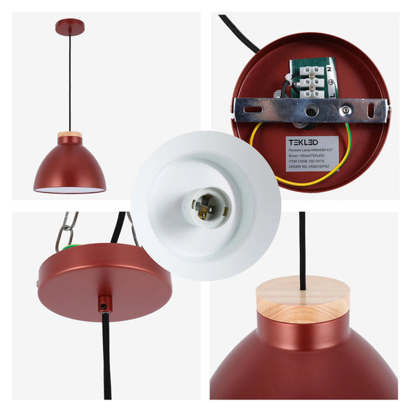 Dome Pendant Light with Wooden Accent - E27 Fitting, 40W Max, IP20