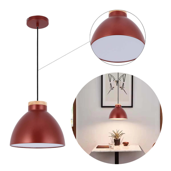 Dome Pendant Light with Wooden Accent - E27 Fitting, 40W Max, IP20