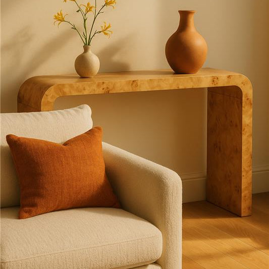 Natural Burl Wood Curved Console Table with Smooth Curved Edges | Mota