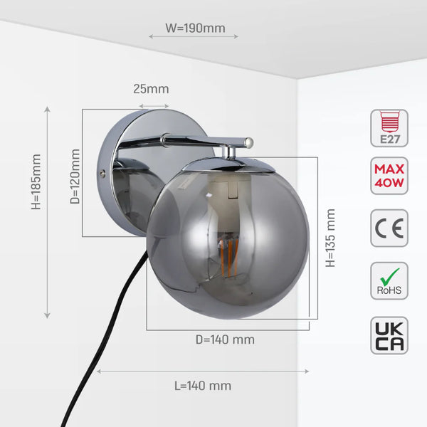 Elegant Globe Wall Light with Plug-In and Rocker Switch - Chrome Finish