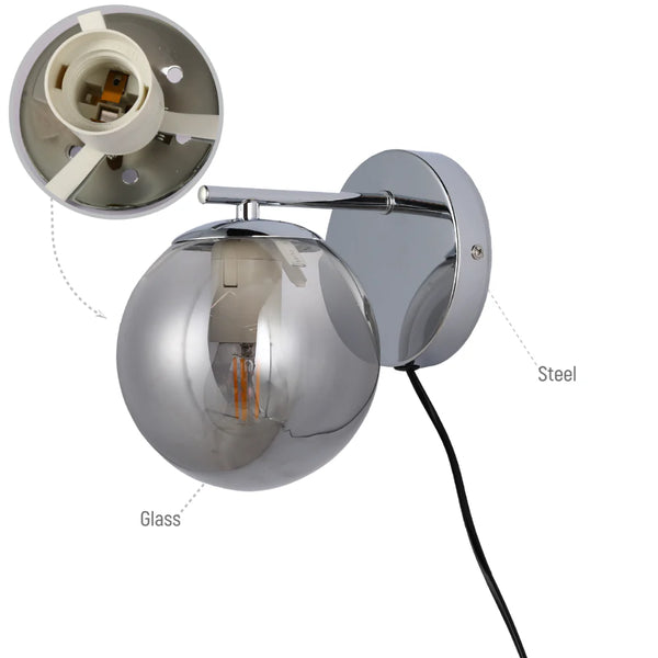 Elegant Globe Wall Light with Plug-In and Rocker Switch - Chrome Finish
