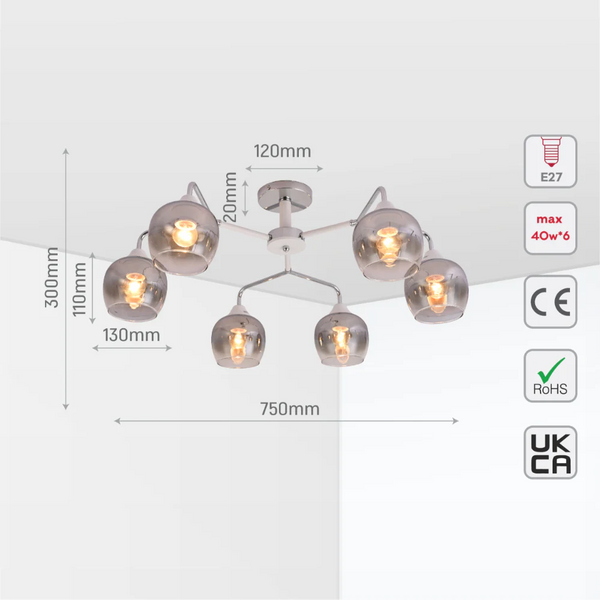 Elegant Wishbone Chrome & Smoky Glass Semi Flush Ceiling Light