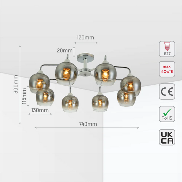Elegant Wishbone Chrome & Smoky Glass Semi Flush Ceiling Light