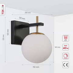 Gold Aluminium Bronze Body Opal White Glass Globe Wall Light E27 Fitting