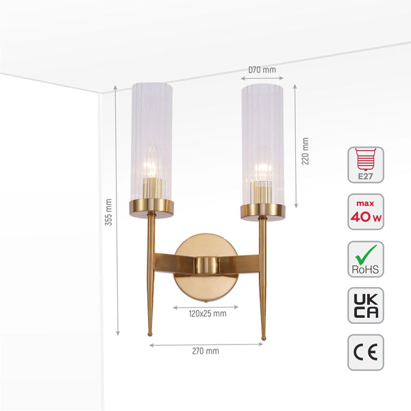 Gold Aluminium Bronze or Black Clear Reeded Cylinder Glass Joseph Fonteyn Fluted Torch Wall Sconce Light