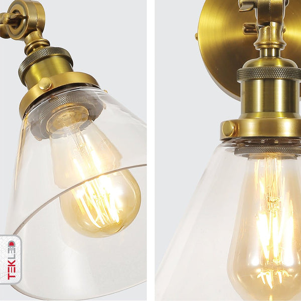 Gold Aluminium Bronze Hinged Body Clear Glass Funnel Wall Light