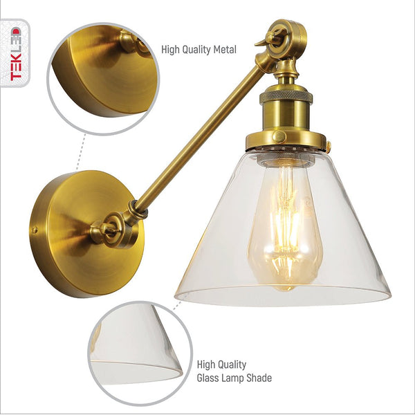 Gold Aluminium Bronze Hinged Body Clear Glass Funnel Wall Light