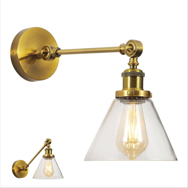 Gold Aluminium Bronze Hinged Body Clear Glass Funnel Wall Light