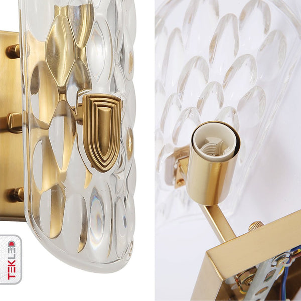 Brushed Brass Metal Clear Textured Glass Wall Light E14 Fitting