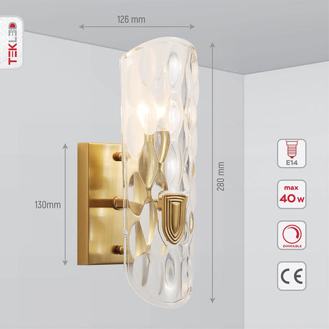 Brushed Brass Metal Clear Textured Glass Wall Light E14 Fitting