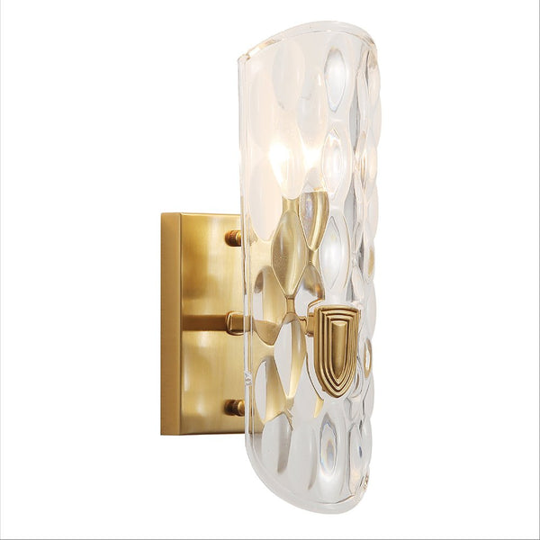 Brushed Brass Metal Clear Textured Glass Wall Light E14 Fitting