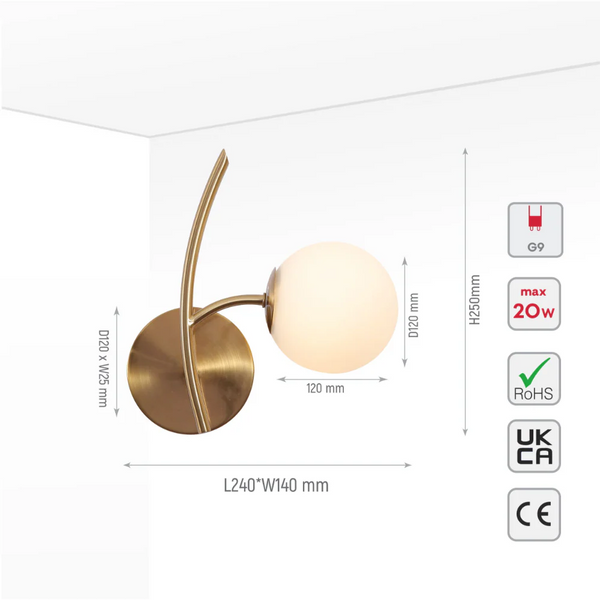 Gold Aluminium Bronze Metal Opal Glass Globe Wall Light G9 Fitting