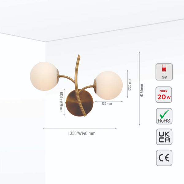 Gold Aluminium Bronze Metal Opal Glass Globe Wall Light G9 Fitting