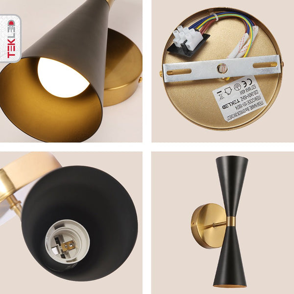 Gold Aluminium Metal Body Black Cone Wall Light 2xE27 Fitting