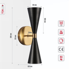Gold Aluminium Metal Body Black Cone Wall Light 2xE27 Fitting