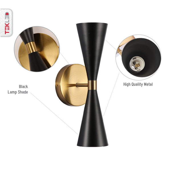 Gold Aluminium Metal Body Black Cone Wall Light 2xE27 Fitting