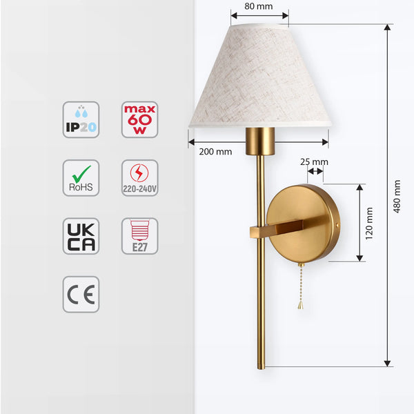 Gold & Cream/Black Conical Wall Light with Pull Chain