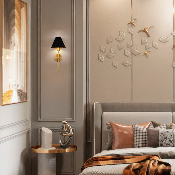 Gold & Cream/Black Conical Wall Light with Pull Chain