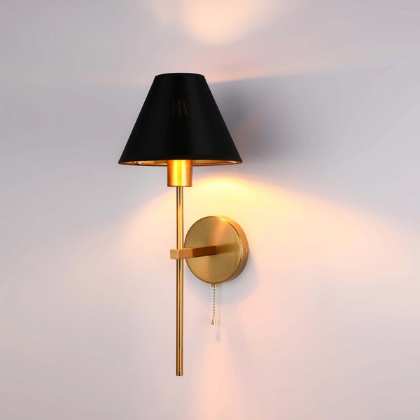 Gold & Cream/Black Conical Wall Light with Pull Chain