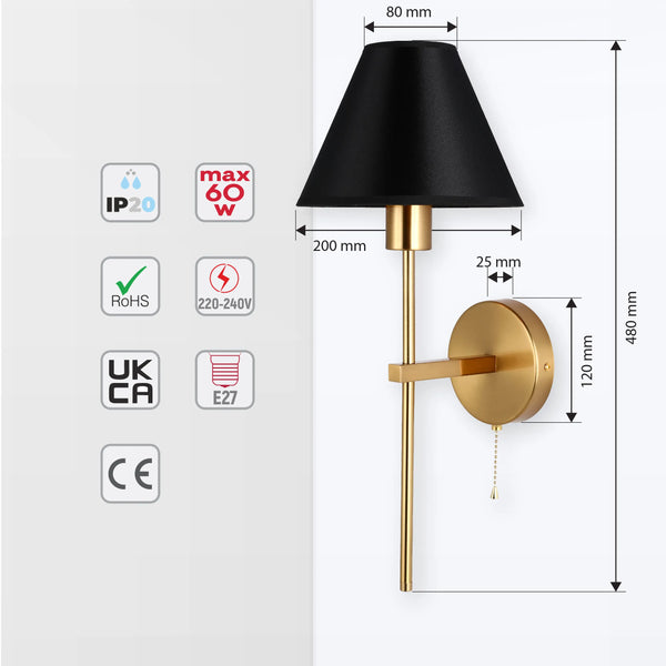 Gold & Cream/Black Conical Wall Light with Pull Chain