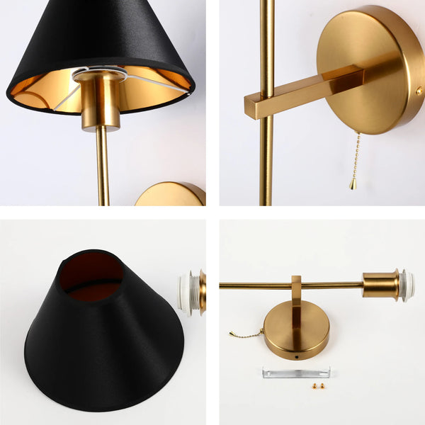 Gold & Cream/Black Conical Wall Light with Pull Chain