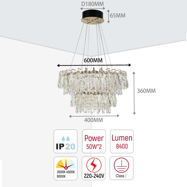 Gold Crystal Chandelier - Round or Oval Design, Dimmable SMD LED with 3CCT, Adjustable Suspension