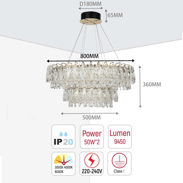 Gold Crystal Chandelier - Round or Oval Design, Dimmable SMD LED with 3CCT, Adjustable Suspension