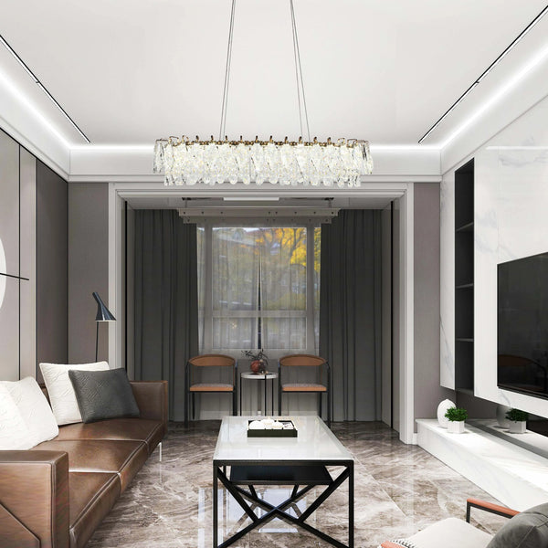Gold Crystal Chandelier - Round or Oval Design, Dimmable SMD LED with 3CCT, Adjustable Suspension