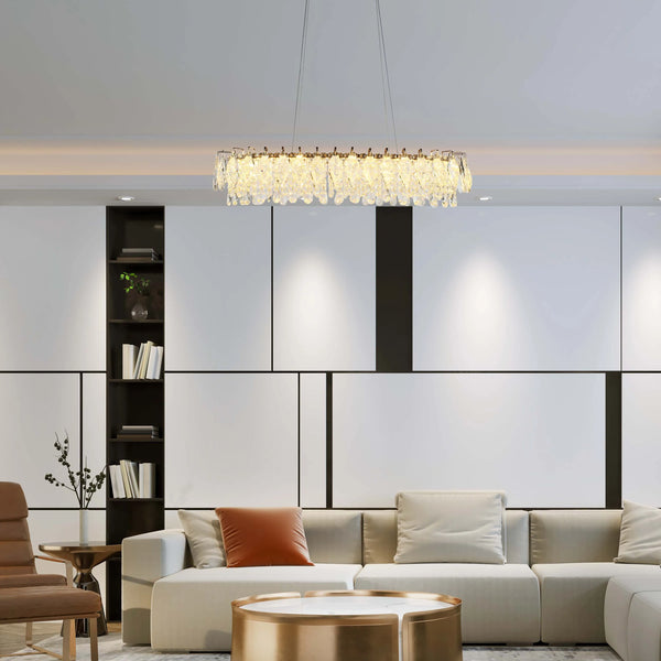 Gold Crystal Chandelier - Round or Oval Design, Dimmable SMD LED with 3CCT, Adjustable Suspension