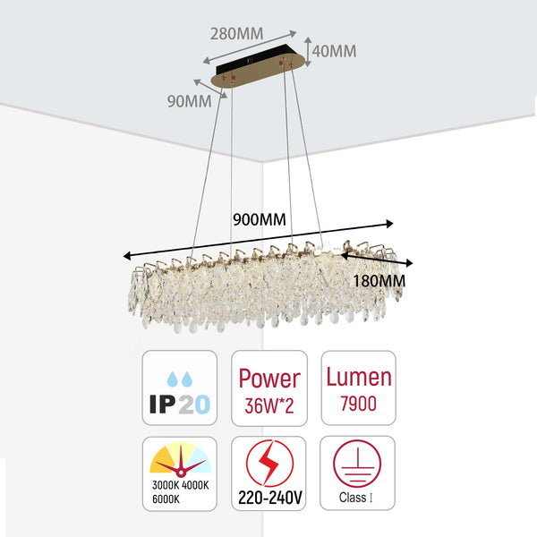 Gold Crystal Chandelier - Round or Oval Design, Dimmable SMD LED with 3CCT, Adjustable Suspension
