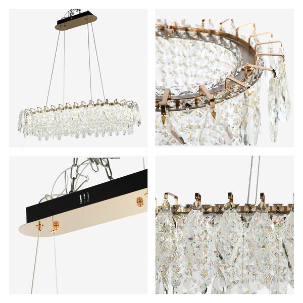 Gold Crystal Chandelier - Round or Oval Design, Dimmable SMD LED with 3CCT, Adjustable Suspension