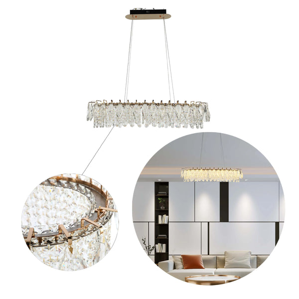 Gold Crystal Chandelier - Round or Oval Design, Dimmable SMD LED with 3CCT, Adjustable Suspension