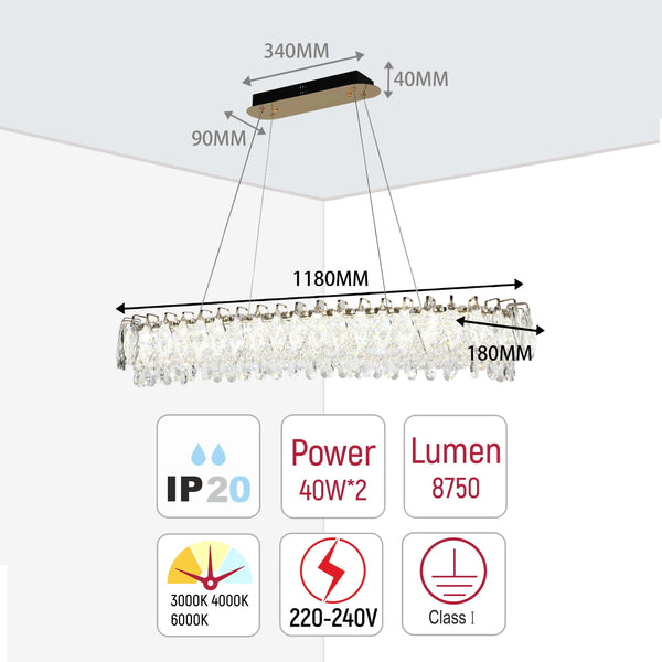 Gold Crystal Chandelier - Round or Oval Design, Dimmable SMD LED with 3CCT, Adjustable Suspension