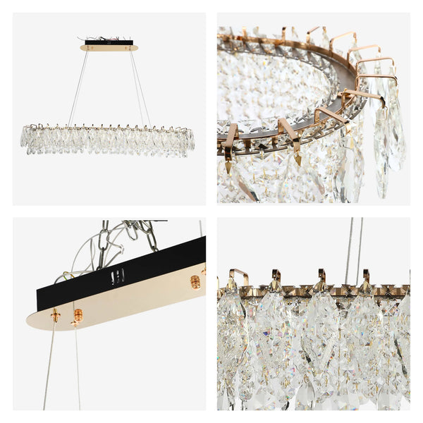 Gold Crystal Chandelier - Round or Oval Design, Dimmable SMD LED with 3CCT, Adjustable Suspension