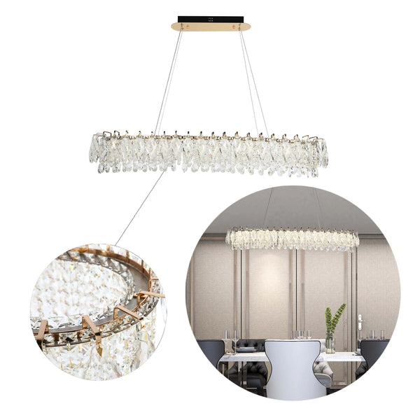 Gold Crystal Chandelier - Round or Oval Design, Dimmable SMD LED with 3CCT, Adjustable Suspension