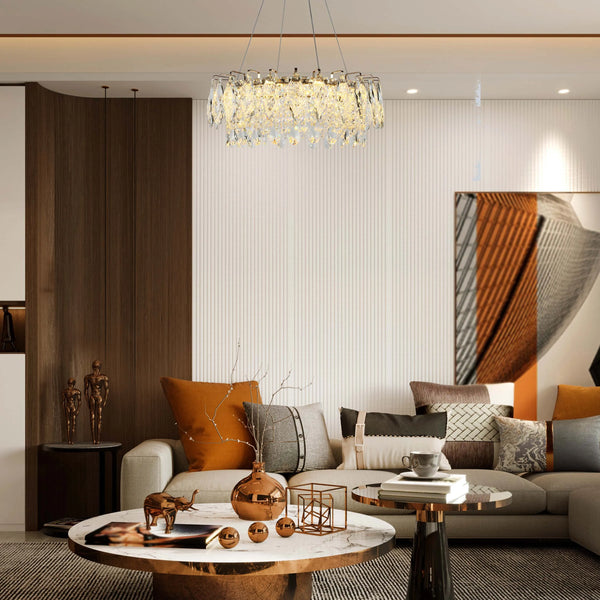 Gold Crystal Chandelier - Round or Oval Design, Dimmable SMD LED with 3CCT, Adjustable Suspension