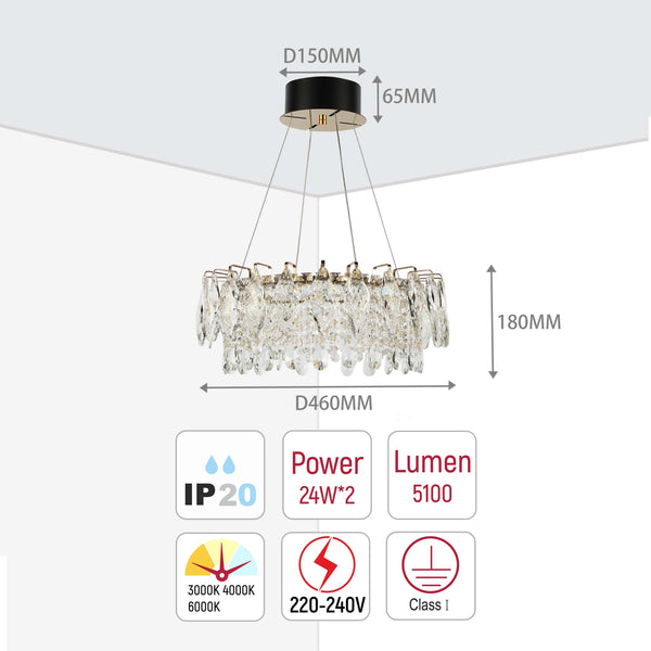 Gold Crystal Chandelier - Round or Oval Design, Dimmable SMD LED with 3CCT, Adjustable Suspension