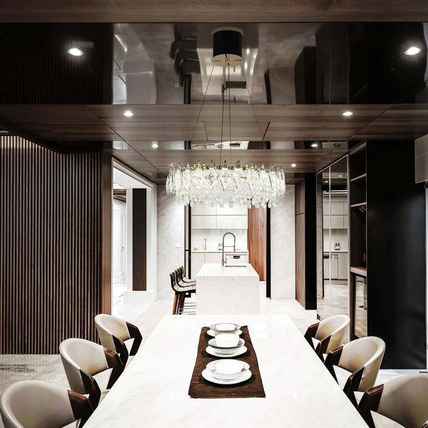 Gold Crystal Chandelier - Round or Oval Design, Dimmable SMD LED with 3CCT, Adjustable Suspension