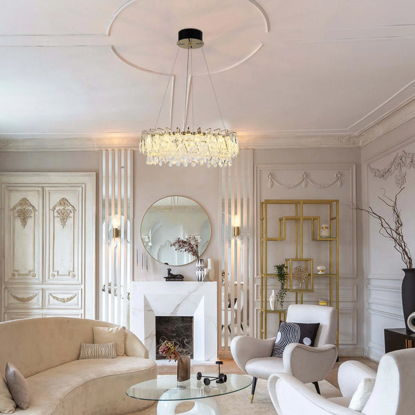 Gold Crystal Chandelier - Round or Oval Design, Dimmable SMD LED with 3CCT, Adjustable Suspension