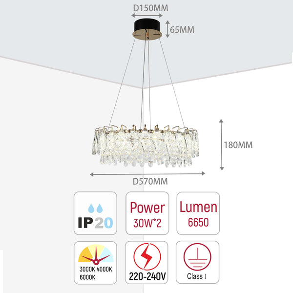Gold Crystal Chandelier - Round or Oval Design, Dimmable SMD LED with 3CCT, Adjustable Suspension