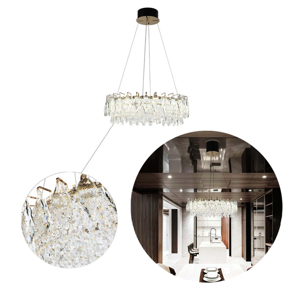 Gold Crystal Chandelier - Round or Oval Design, Dimmable SMD LED with 3CCT, Adjustable Suspension