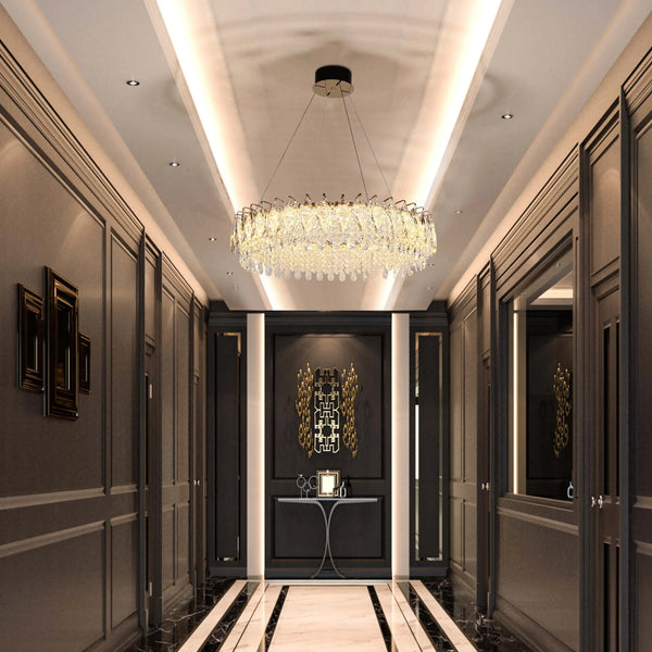 Gold Crystal Chandelier - Round or Oval Design, Dimmable SMD LED with 3CCT, Adjustable Suspension