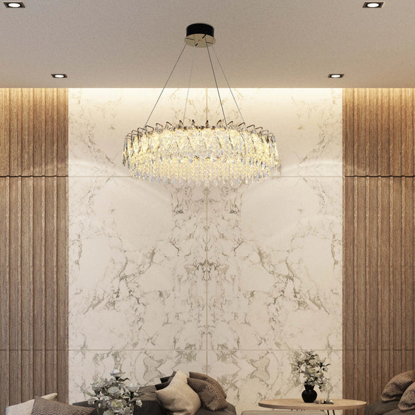 Gold Crystal Chandelier - Round or Oval Design, Dimmable SMD LED with 3CCT, Adjustable Suspension