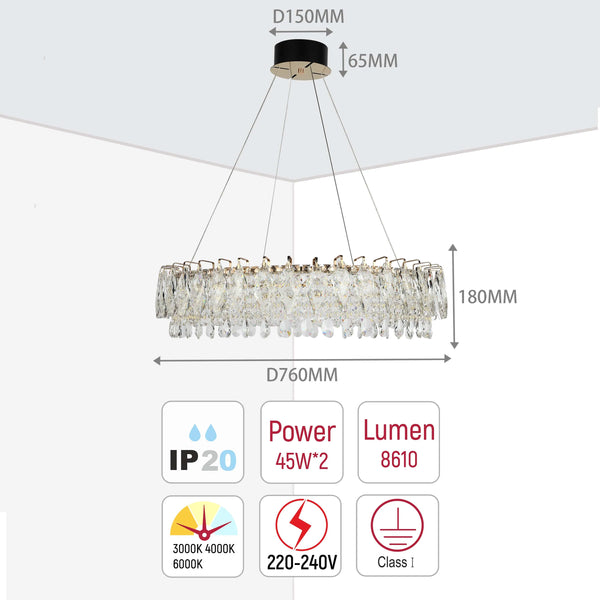 Gold Crystal Chandelier - Round or Oval Design, Dimmable SMD LED with 3CCT, Adjustable Suspension