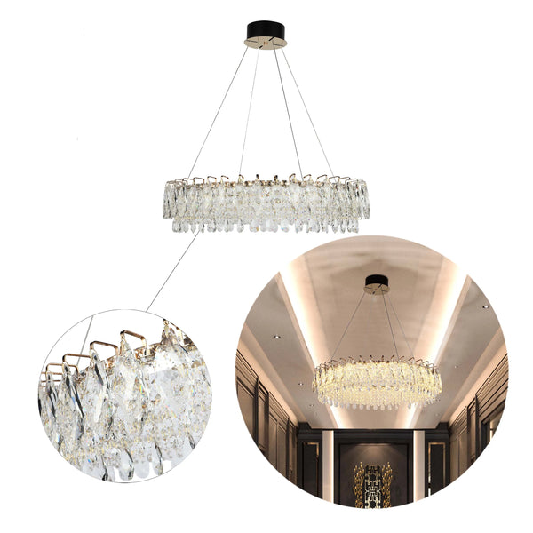 Gold Crystal Chandelier - Round or Oval Design, Dimmable SMD LED with 3CCT, Adjustable Suspension