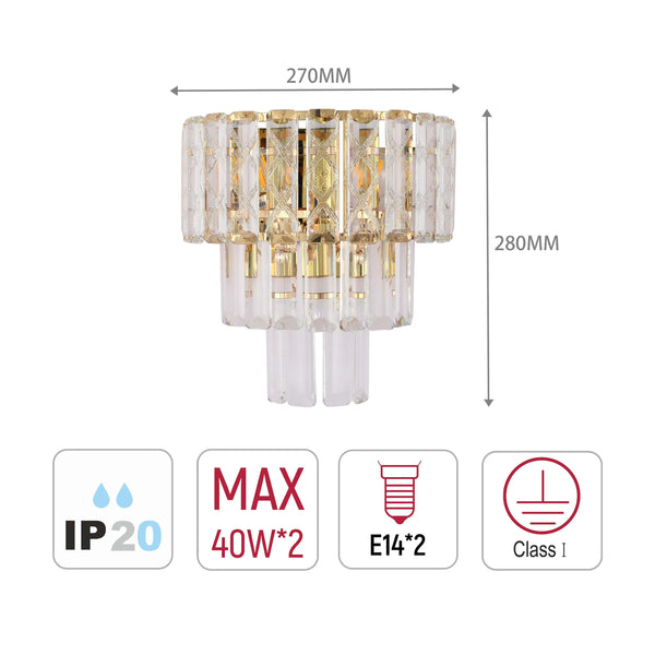Gold Wall Light Crystal Glass and Rectangular Glass